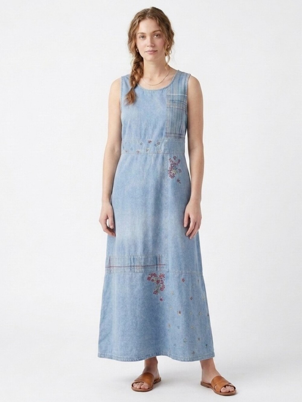 Vintage 90s Denim Maxi Sleeveless Dress Embroidered Flowers Boho Teacher Small